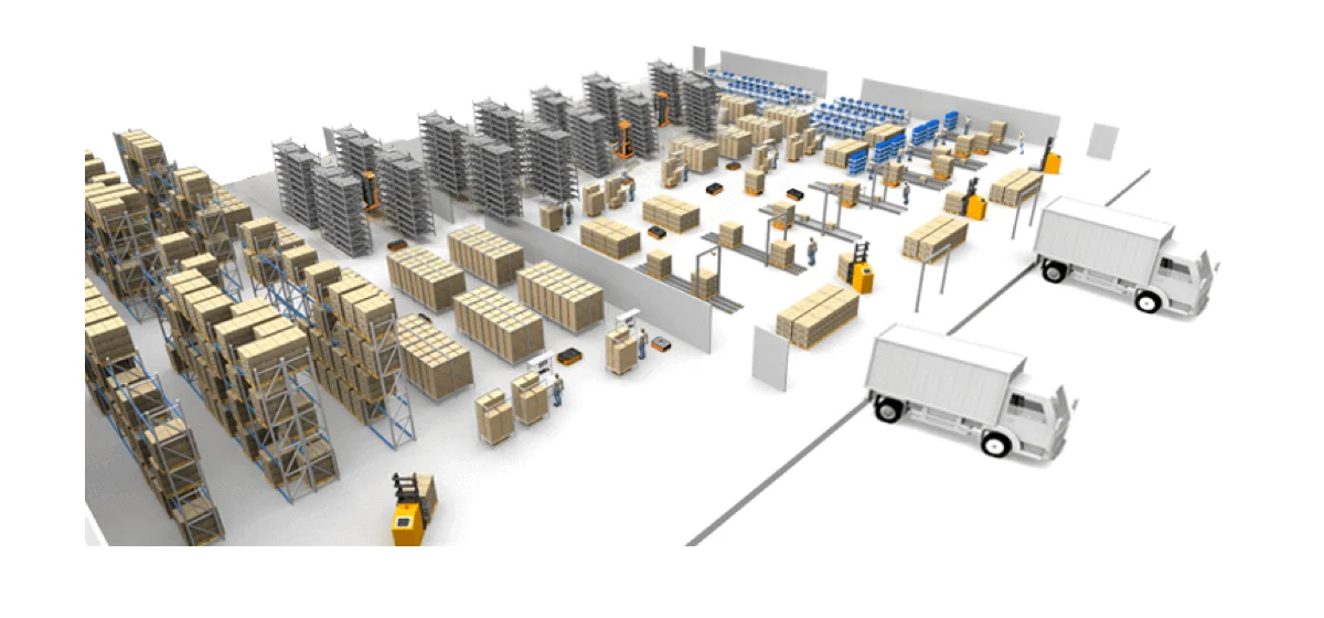 Warehouse layout combining multiple storage types in a single system